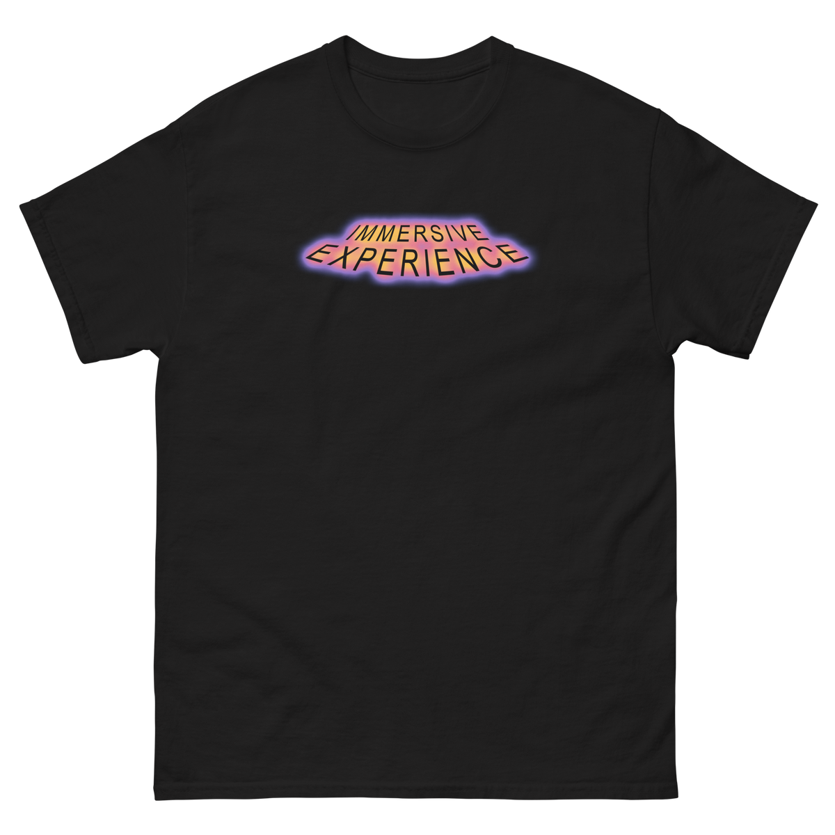 Black t-shirt with humming UFO-shaped 'IMMERSIVE EXPERIENCE' word art text on it. Very cool.