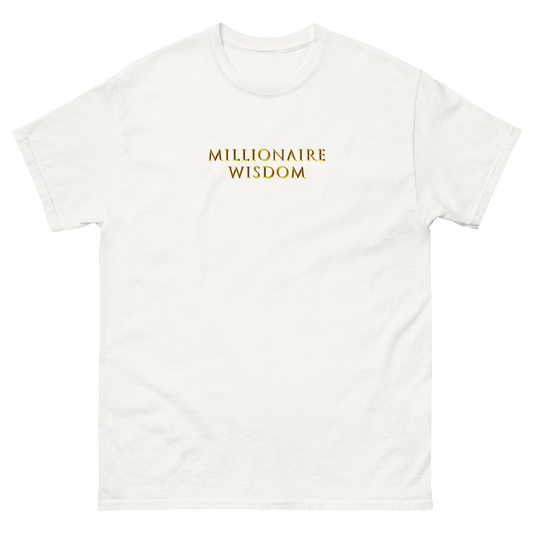 White t-shirt with 'Millionaire Wisdom' written in 3D gold.