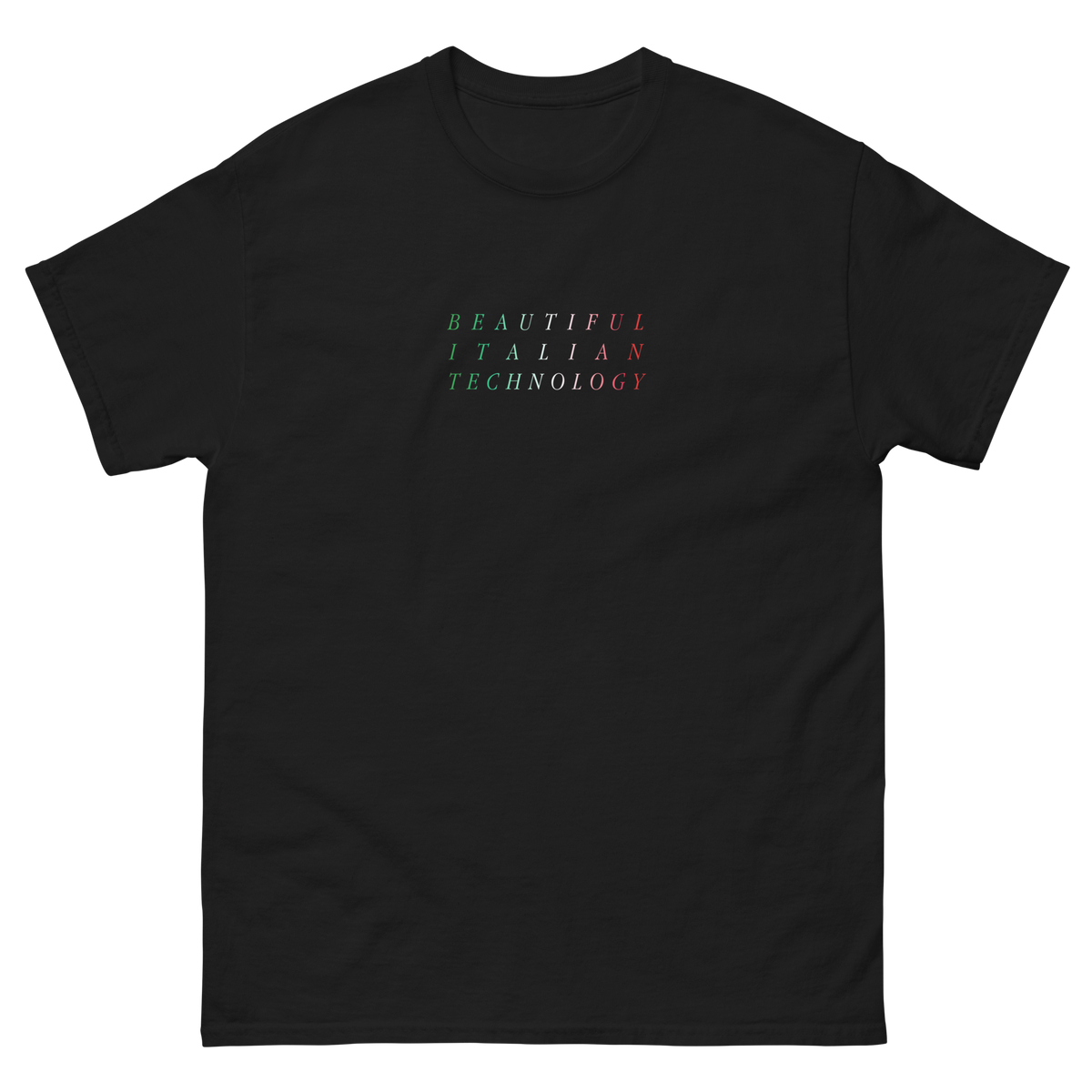 Black t-shirt with 'Beautiful Italian Technology' written in the colours of the Italian flag. Very cool.