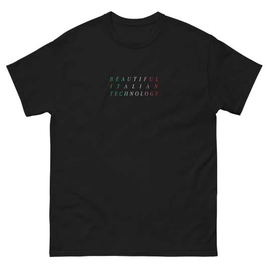 Black t-shirt with 'Beautiful Italian Technology' written in the colours of the Italian flag. Very cool.
