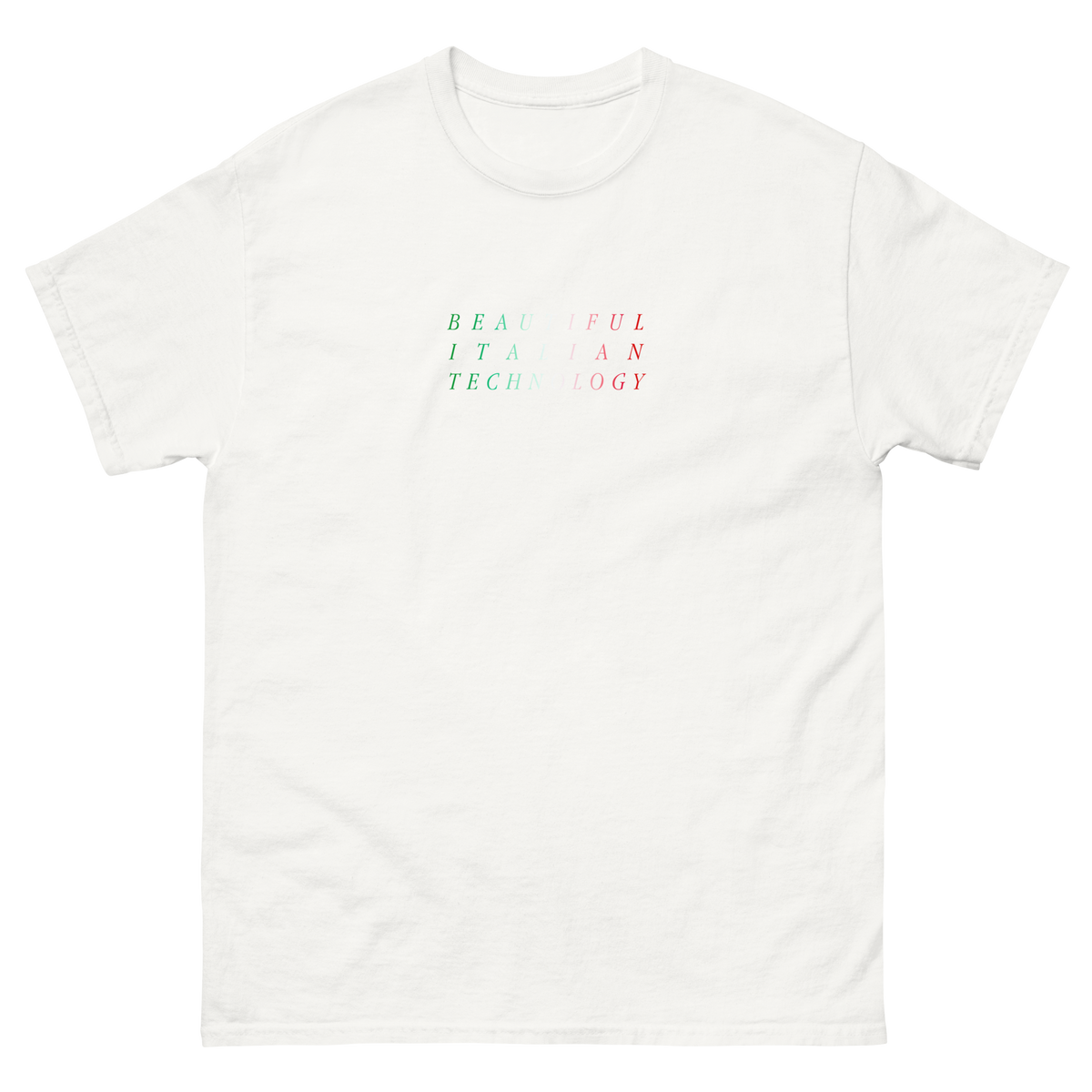 White t-shirt with 'Beautiful Italian Technology' written in the colours of the Italian flag. Very cool.