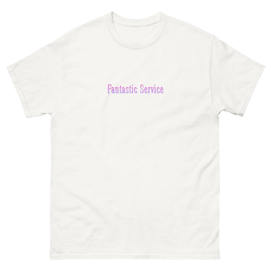White t-shirt with 'Fantastic Service' written in a beautiful pink purple gradient. Very cool.