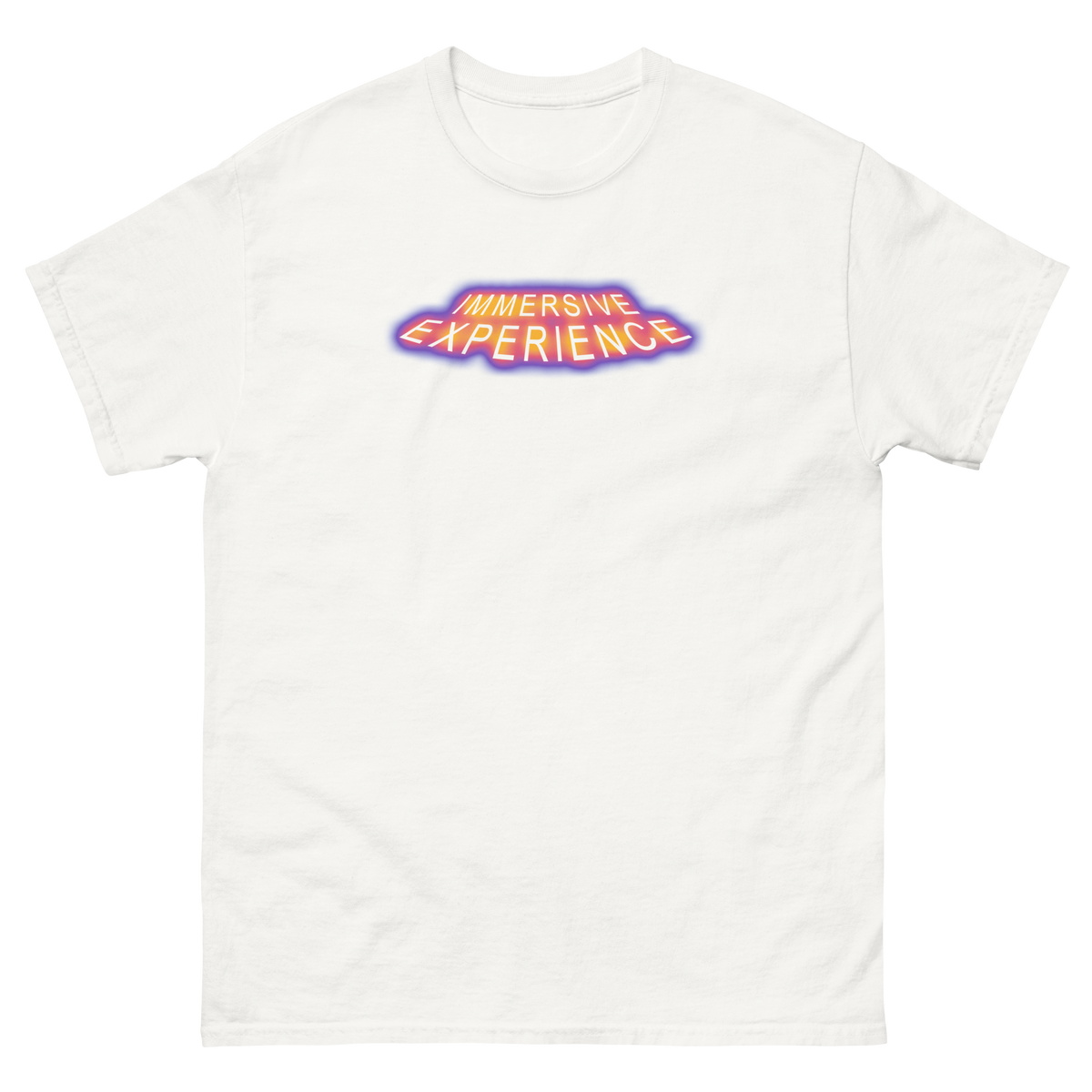 White t-shirt with humming UFO-shaped 'IMMERSIVE EXPERIENCE' word art text on it. Very cool.